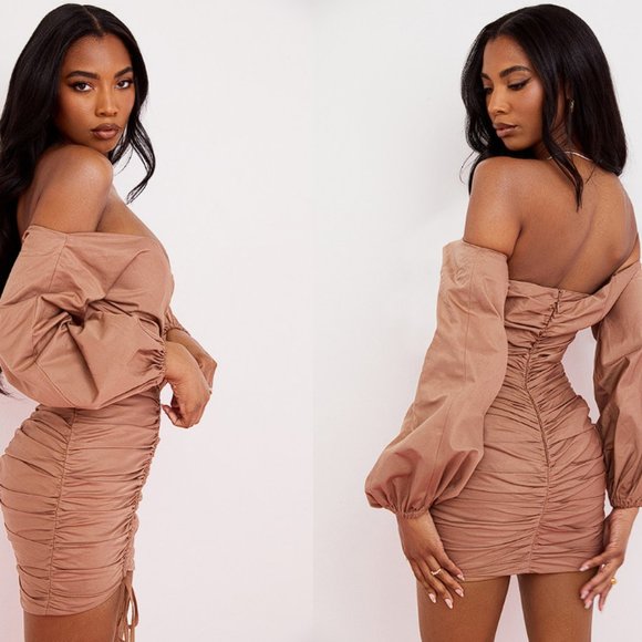 HOUSE OF CB 'Indra' Mocha Off The Shoulder Wrap Mini Dress NWOT - Picture 5 of 13